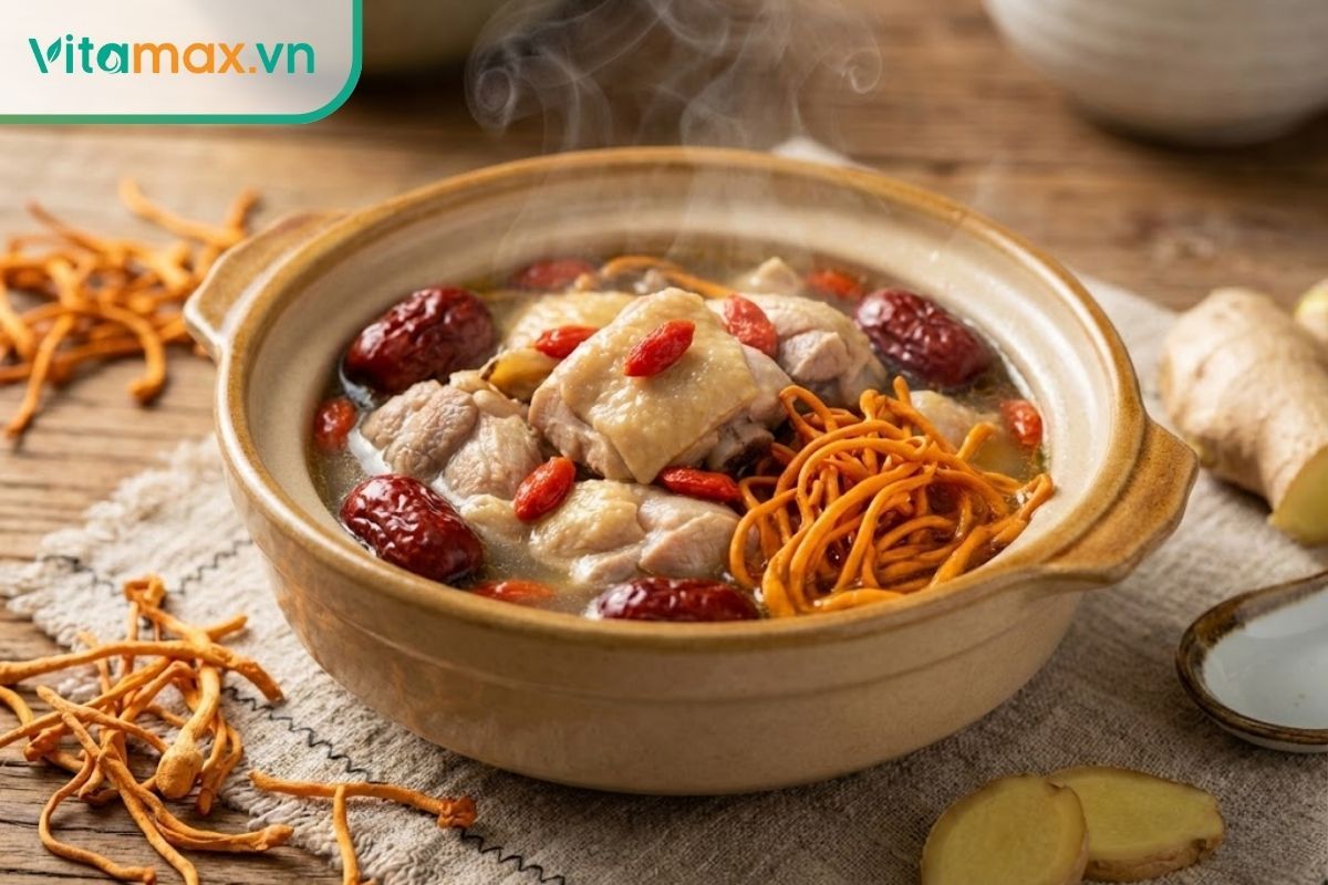 Bát canh gà hầm táo đỏ và đông trùng hạ thảo thơm ngon, bổ dưỡng dành cho bà bầu.