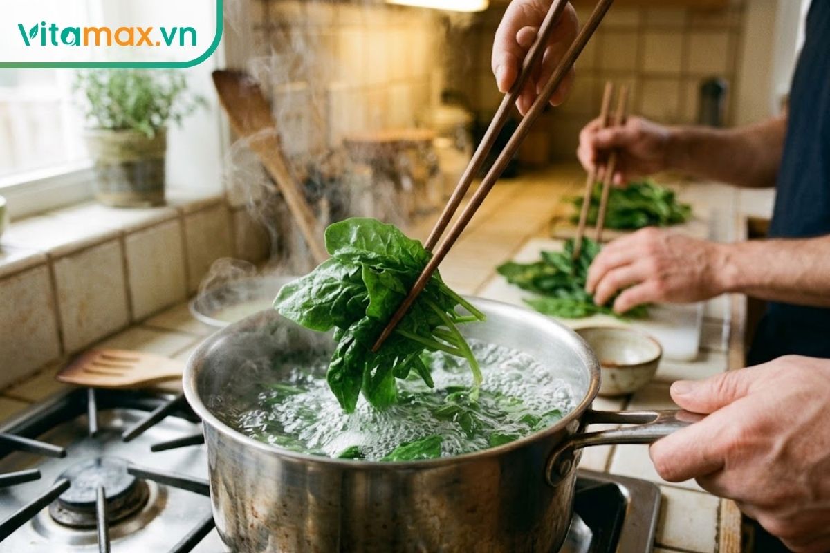 Cận cảnh đôi tay đang dùng đũa chần một nắm rau mồng tơi xanh tươi vào nồi nước đang sôi sùng sục trên bếp.
