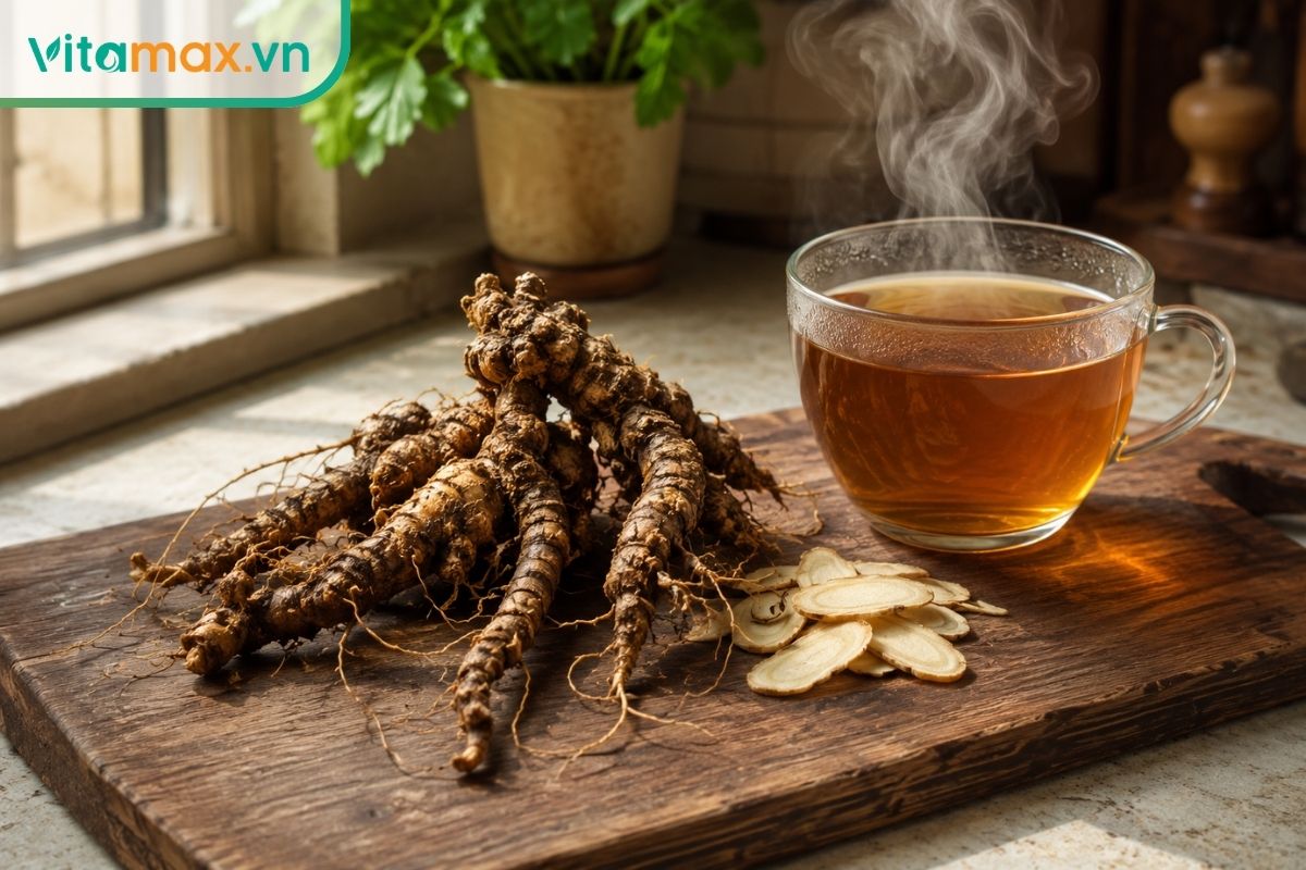 Củ sâm Ngọc Linh nguyên bản nhiều mắt đặt trên thớt gỗ cạnh một tách trà sâm vàng óng, bối cảnh ánh sáng tự nhiên, minh họa cho các cách chế biến tại nhà.