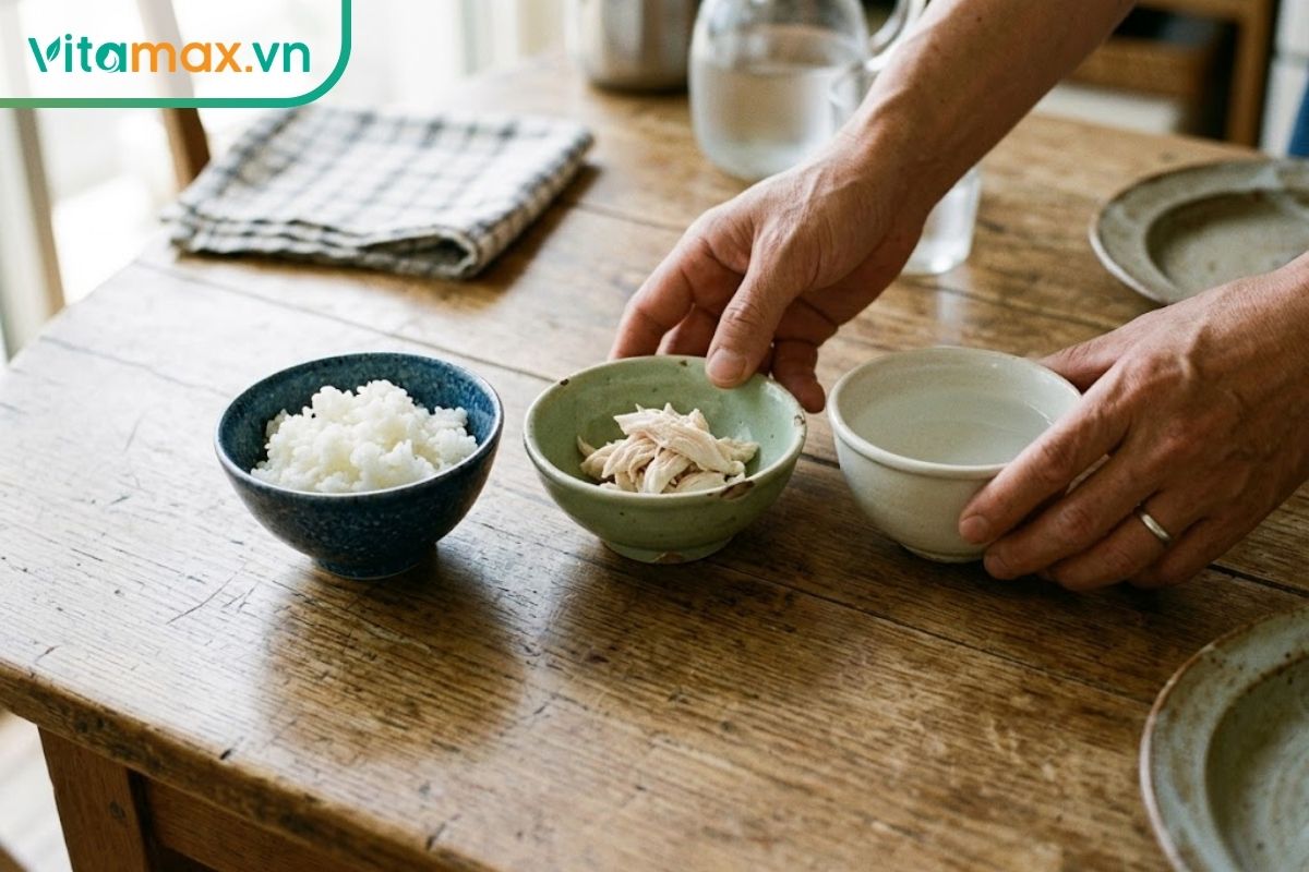 Cận cảnh ba chiếc bát nhỏ trên bàn ăn, mỗi bát chứa một lượng nhỏ thực phẩm nhạt màu (cơm trắng, thịt gà luộc xé, nước lọc), minh họa cách ăn chia nhỏ bữa.