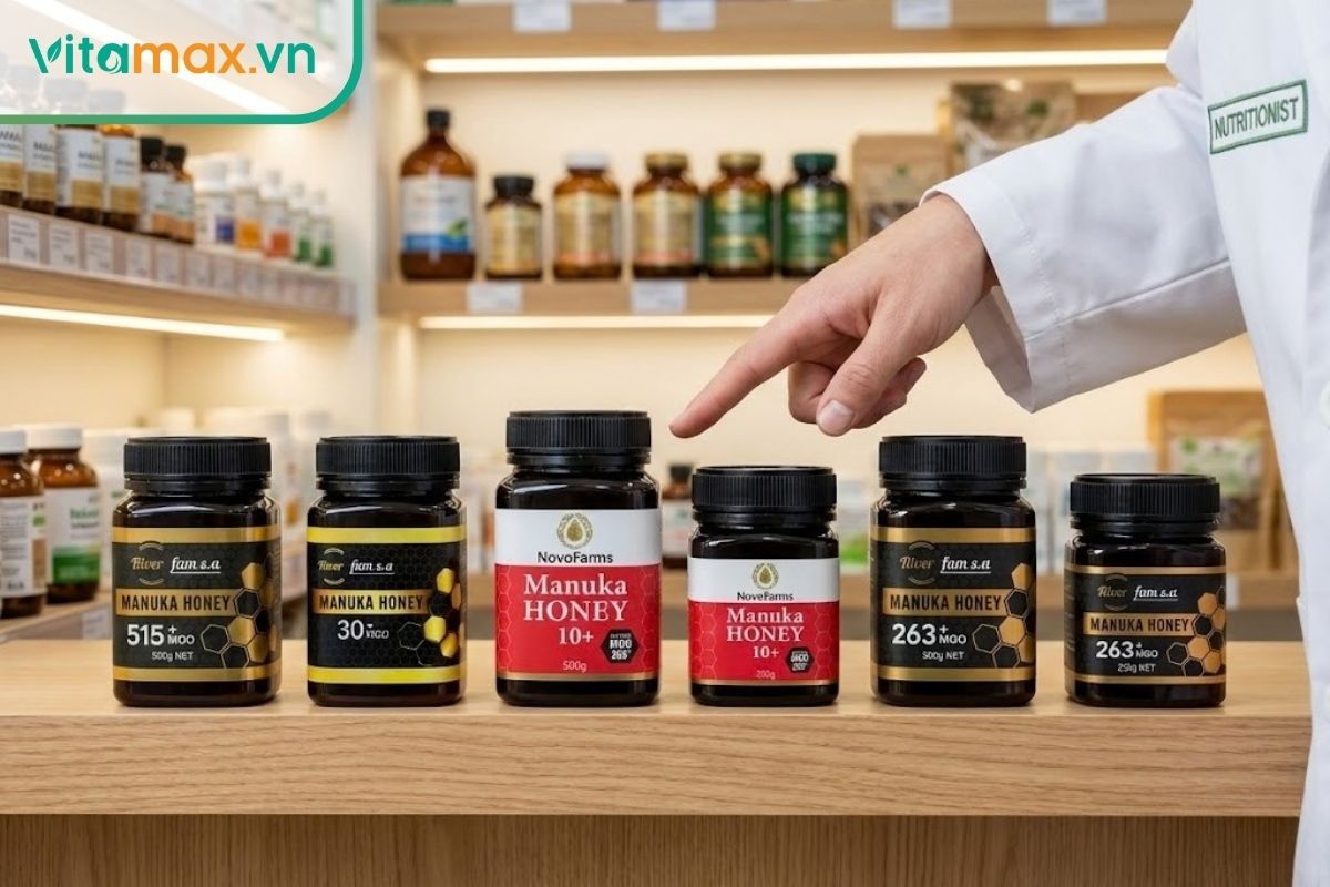 Sáu hũ mật ong Manuka với các nhãn chỉ số UMF/MGO khác nhau (5+, 10+, 15+, 20+) trên kệ gỗ tại hiệu thuốc, một chuyên gia đang chỉ tay vào.