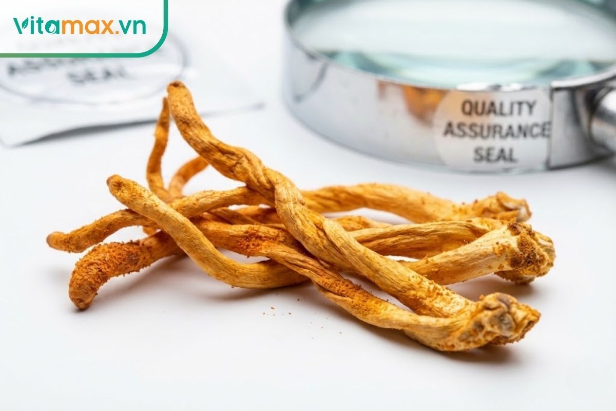 Cận cảnh sợi đông trùng hạ thảo khô đạt chuẩn chất lượng, được kiểm định an toàn bởi Vitamax.