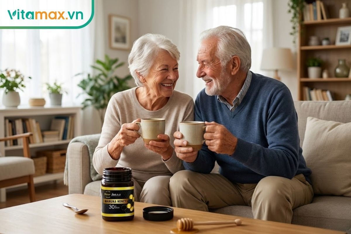 Người cao tuổi vui vẻ thưởng thức trà pha mật ong Manuka để hỗ trợ tiêu hóa và miễn dịch.