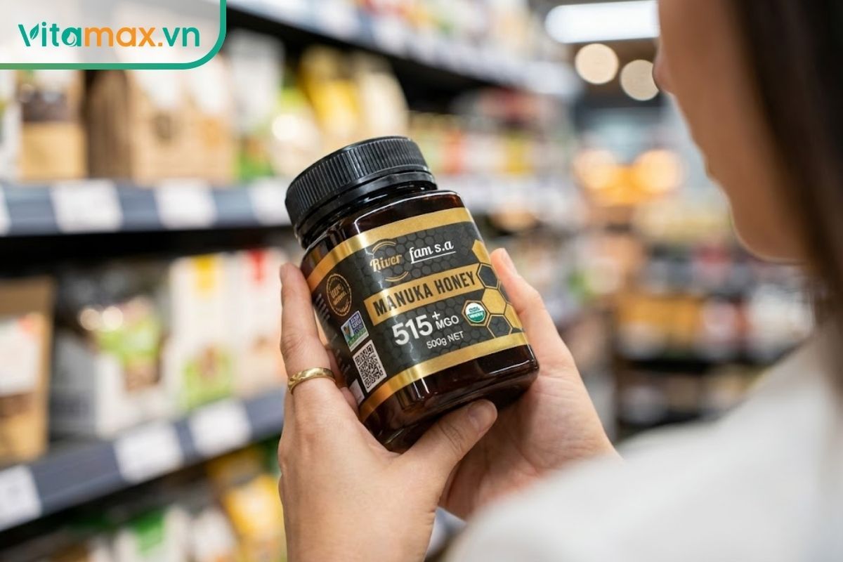 Người tiêu dùng đang kiểm tra kỹ thông tin xuất xứ và thành phần trên nhãn chai mật ong cao cấp.