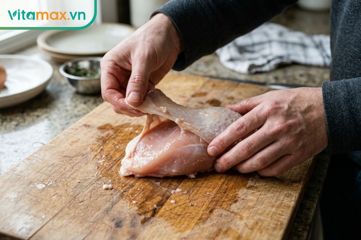 Đôi bàn tay đang thao tác lột bỏ lớp da từ một miếng thịt đùi gà sống đặt trên thớt gỗ trong bếp.