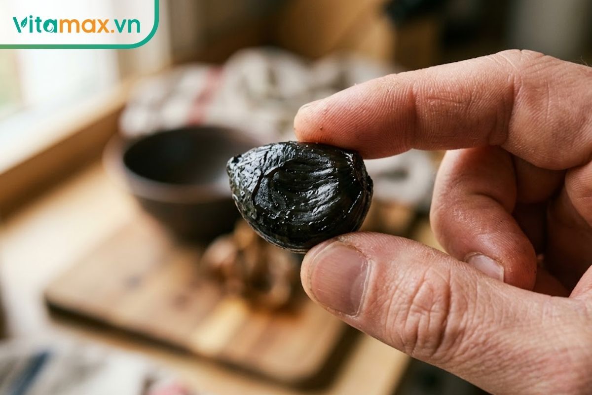 Cận cảnh tép tỏi đen cô đơn bóc vỏ với bề mặt đen bóng, mềm dẻo.