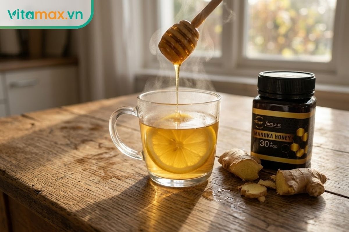 Tách trà ấm bốc khói nhẹ đặt cạnh hũ mật ong sánh vàng, chanh và gừng tươi trên bàn gỗ mang lại cảm giác xoa dịu cơn đau họng.