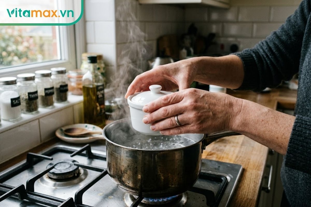 Đôi tay đang cẩn thận đặt một thố sứ nhỏ chứa yến vào trong chiếc nồi inox có một ít nước để chưng cách thủy trên bếp.