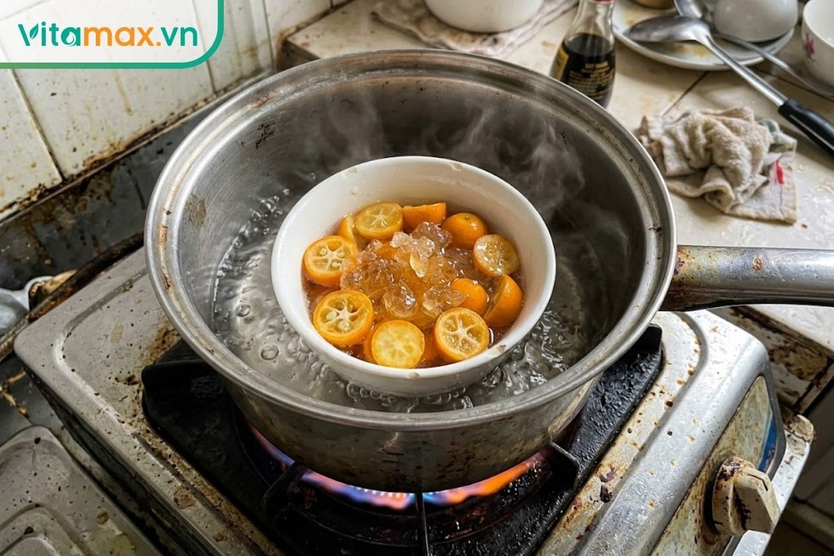 Quá trình chưng cách thủy bát sứ chứa tắc cắt lát và đường phèn bên trong một chiếc nồi nhôm đang sôi lăn tăn trên bếp ga gia đình.