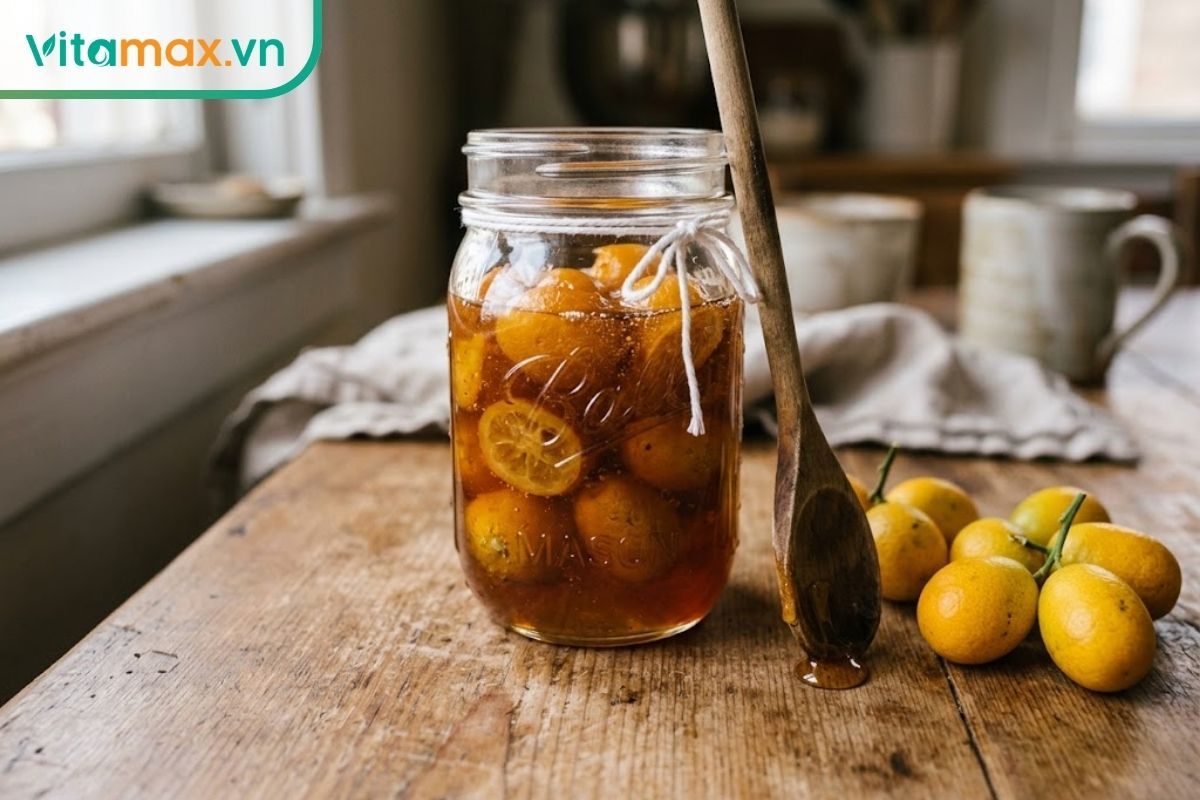 Hũ tắc chưng đường phèn mật ong sánh mịn màu vàng nâu, đặt cạnh quả tắc tươi và muỗng gỗ trên bàn bếp mộc mạc để trị ho.