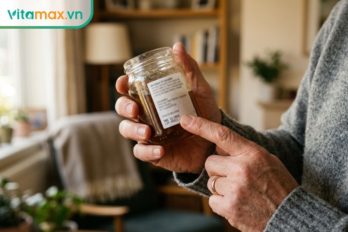 Cận cảnh đôi bàn tay đang xoay mặt sau của một lọ thủy tinh nhỏ để kiểm tra các thông số in trên nhãn mác giấy.