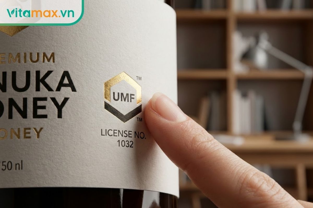 Ngón tay người tiêu dùng đang chỉ vào logo UMF và mã số license trên nhãn lọ mật ong Manuka.