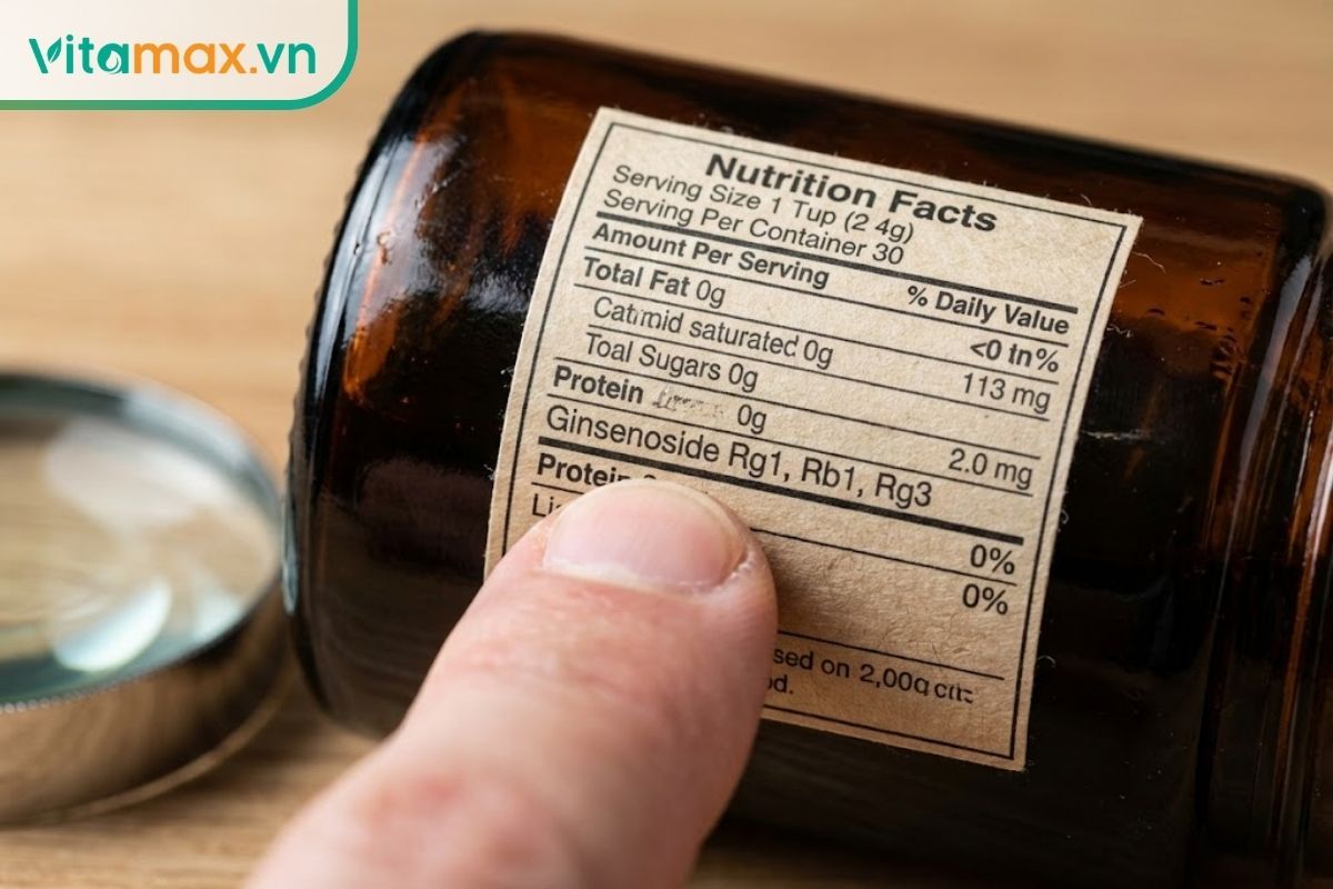 Cận cảnh ngón tay chỉ vào thông tin thành phần Ginsenoside và tem chính hãng trên bao bì sản phẩm hồng sâm.