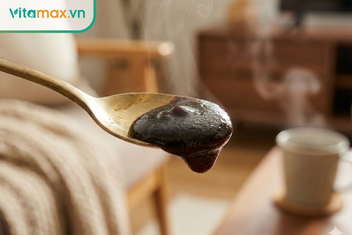 thìa gỗ múc cao hồng sâm cô đặc màu nâu đen sánh mịn từ trong hũ