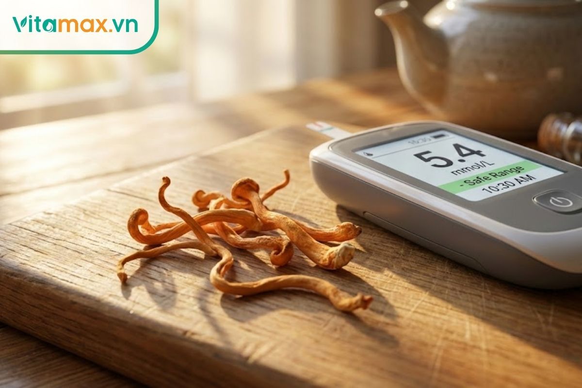 Nấm đông trùng hạ thảo khô chất lượng cao đặt cạnh máy đo đường huyết trên bàn gỗ.