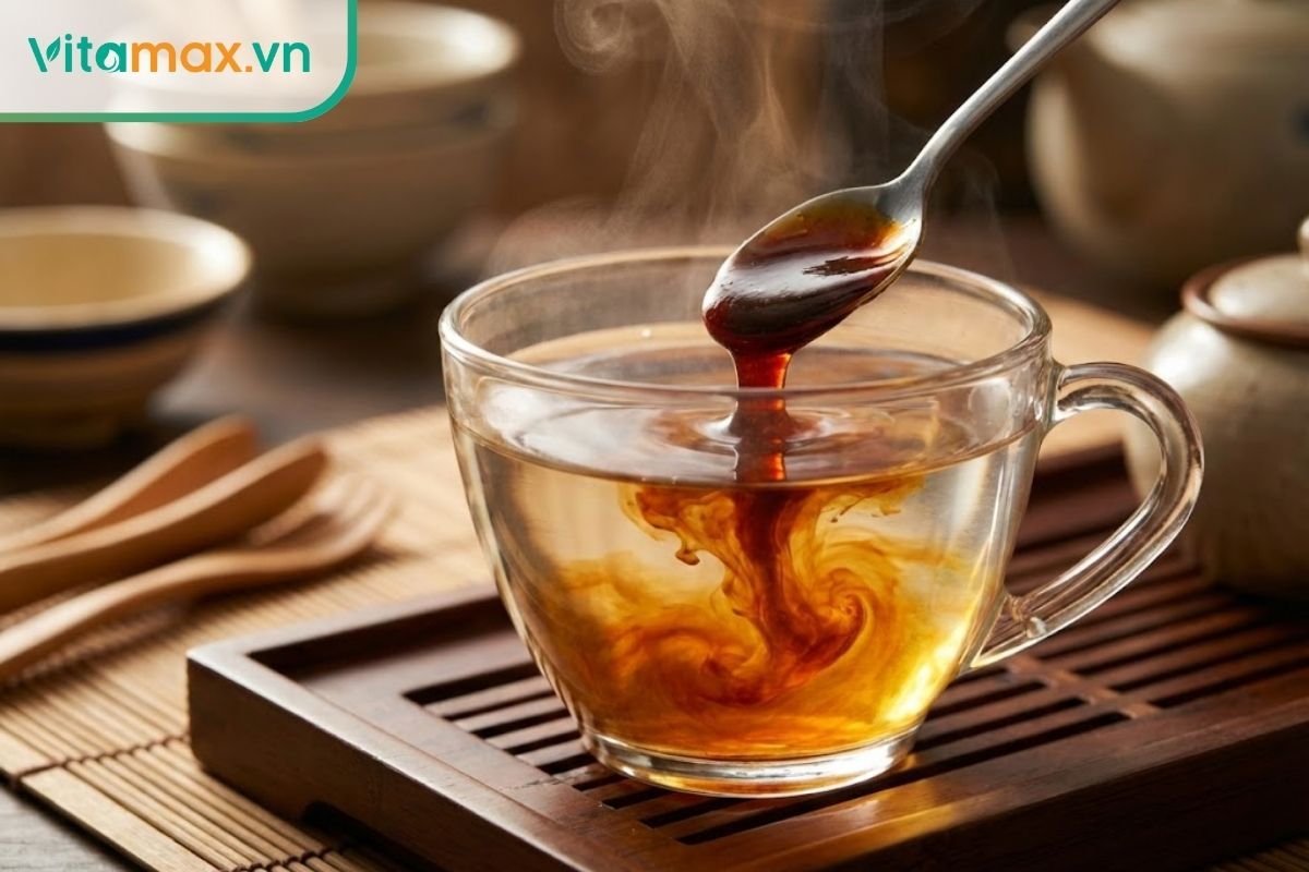 Cận cảnh thìa cao hồng sâm đang được khuấy vào cốc nước ấm, hơi nước bốc lên nhẹ nhàng.