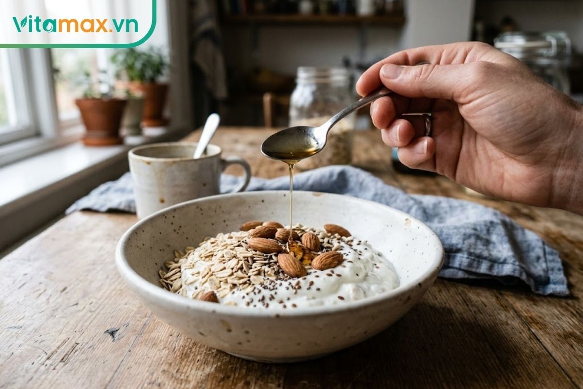 Bữa ăn nhẹ chân thực gồm sữa chua không đường, yến mạch và các loại hạt được rưới một lượng rất nhỏ mật ong nguyên chất.