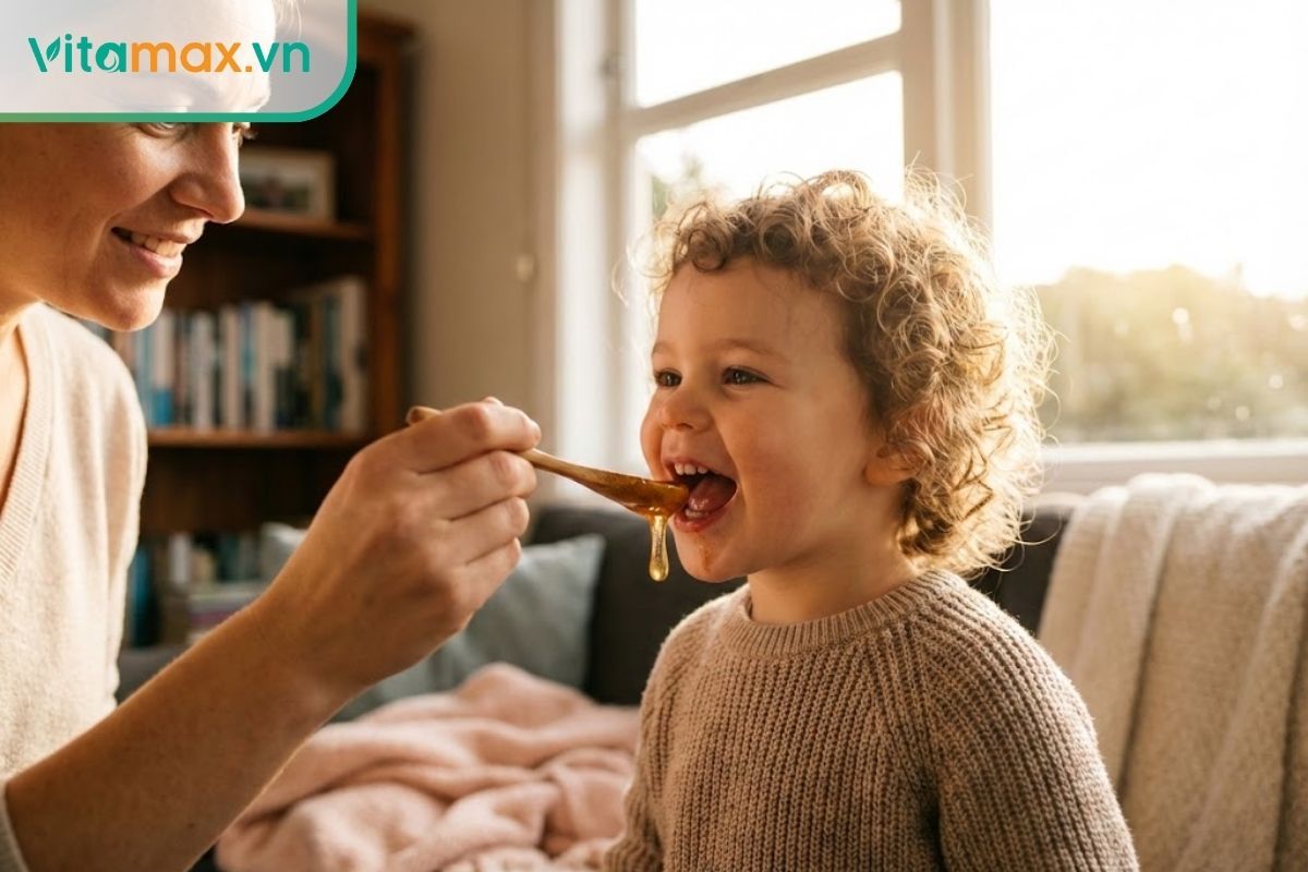 Mẹ đang bón mật ong Manuka cho trẻ em để tăng đề kháng và bồi bổ sức khỏe an toàn.