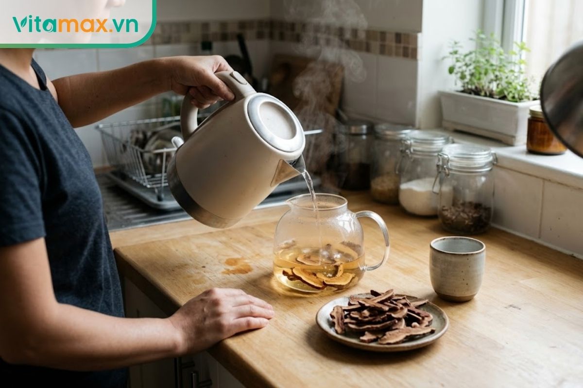 Người trưởng thành hãm nấm linh chi thái lát trong bình thủy tinh, không thêm đường hay mật ong vào đồ uống.