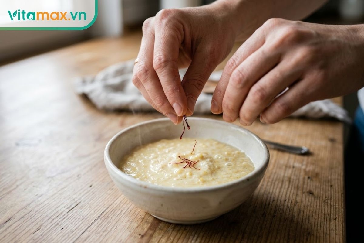 Bàn tay người lớn đang rắc nhẹ vài sợi nhụy hoa nghệ tây vào bát cháo ăn dặm của trẻ.
