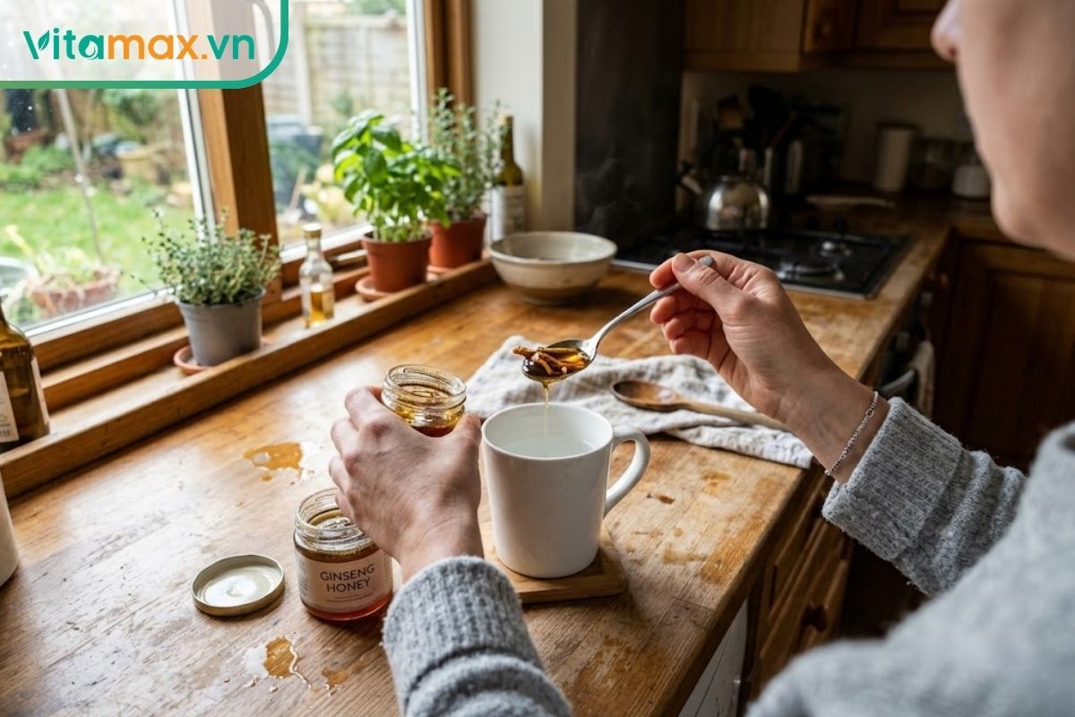 Hướng dẫn cách dùng sâm ngâm mật ong không tăng cân bằng việc đo lường lượng dùng vừa phải vào ly nước ấm.