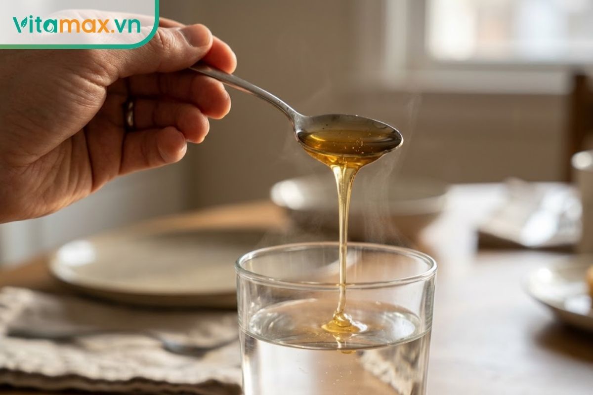 Pha loãng phần siro tỏi ngâm mật ong với nước ấm để bé dễ uống hơn, không chứa bã tỏi.