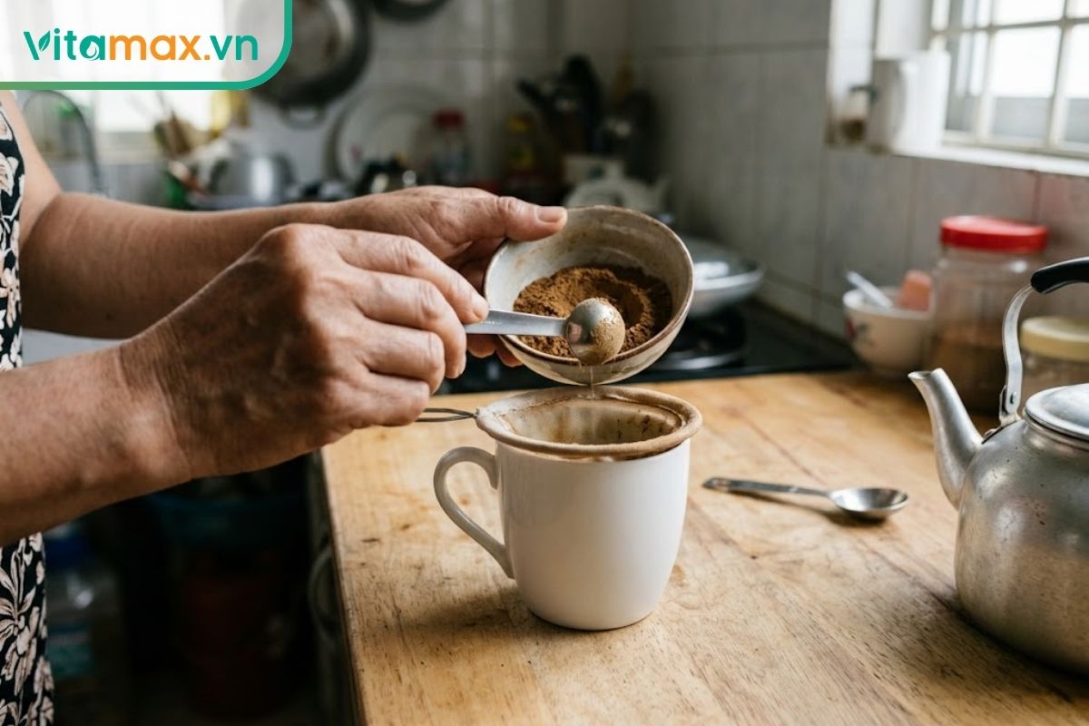 Đôi tay cho bột nấm linh chi màu nâu vào túi lọc đặt trong cốc sứ, bên cạnh có muỗng đong, bát bột và bình nước nóng.