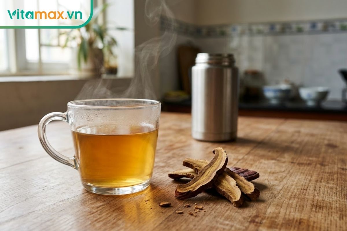 Ly nước nấm linh chi màu hổ phách đặt cạnh các lát nấm khô trên bàn gỗ, phía sau là bình pha nước nóng trong căn bếp gia đình.