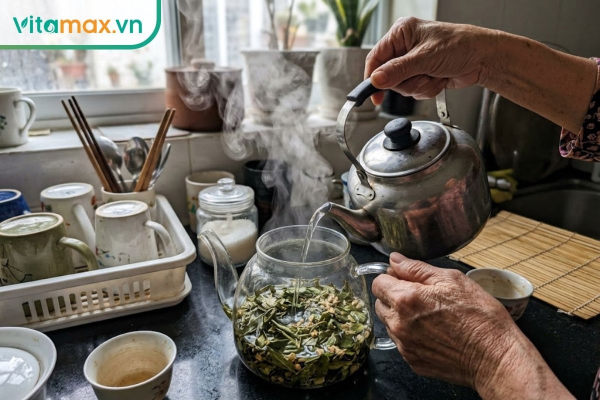 Đôi bàn tay đang cầm ấm đun nước rót nước nóng vào bình thủy tinh chứa lá sâm Ngọc Linh khô để hãm trà uống hàng ngày.