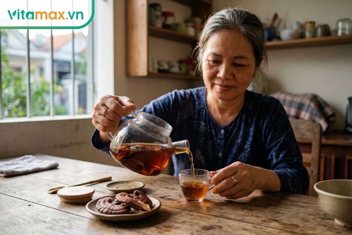 Một người rót nước linh chi màu hổ phách từ ấm thủy tinh vào cốc tại bàn ăn gia đình, bên cạnh là vài lát nấm khô.