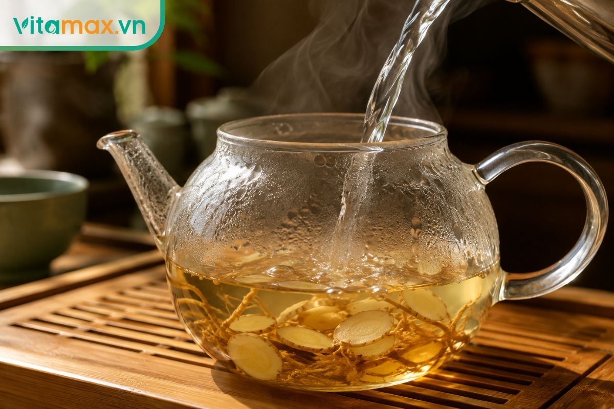 Nước nóng đang được rót vào một ấm pha trà bằng thủy tinh trong suốt, bên trong chứa những lát sâm tươi, nước bắt đầu chuyển sang màu vàng nhạt.