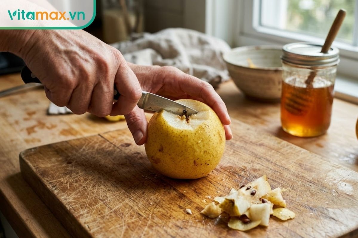 Đôi bàn tay đang dùng dao nhỏ cẩn thận khoét bỏ phần lõi và hạt của quả lê Hàn Quốc to tròn trên chiếc thớt gỗ.