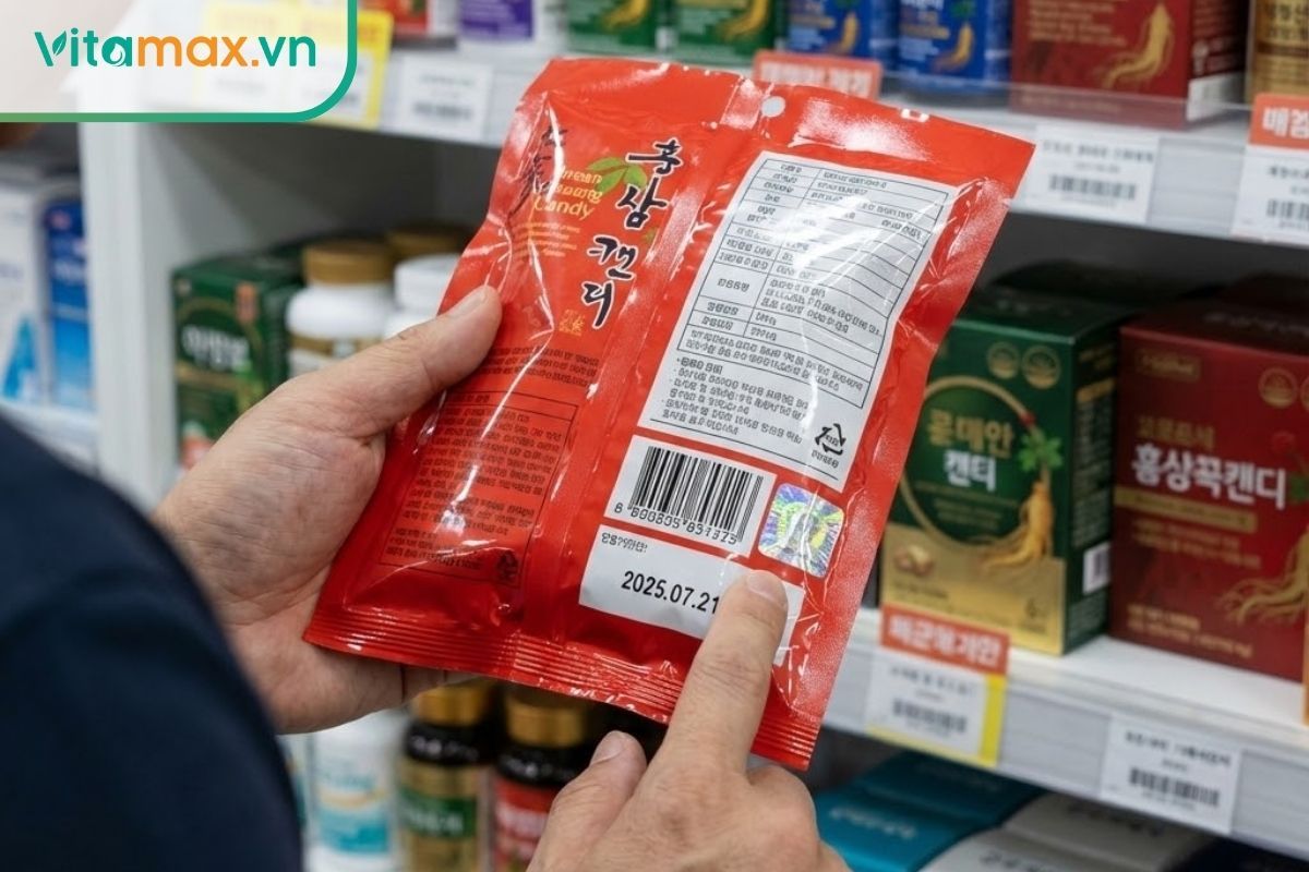 người dùng kiểm tra mã vạch và tem nhãn trên gói kẹo sâm