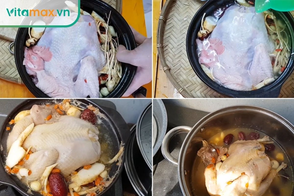 Hướng dẫn cách làm gà hầm sâm truyền thống bằng cách nhồi gạo nếp và nhân sâm vào bụng gà.
