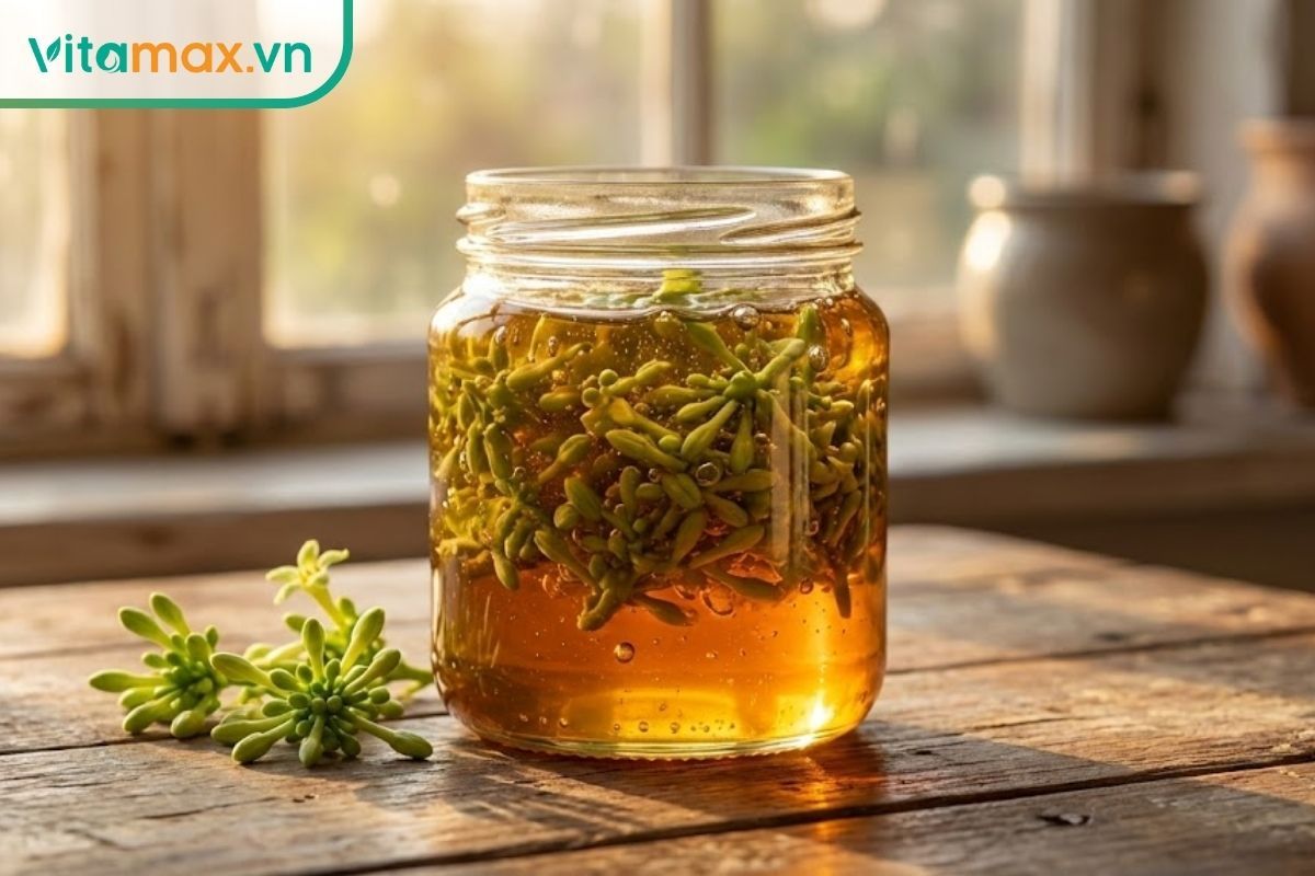 Hũ thủy tinh chứa hoa đu đủ đực ngâm mật ong vàng óng, đặt trên bàn gỗ, minh họa cho cách làm hoa đu đủ ngâm mật ong hỗ trợ trị ho.