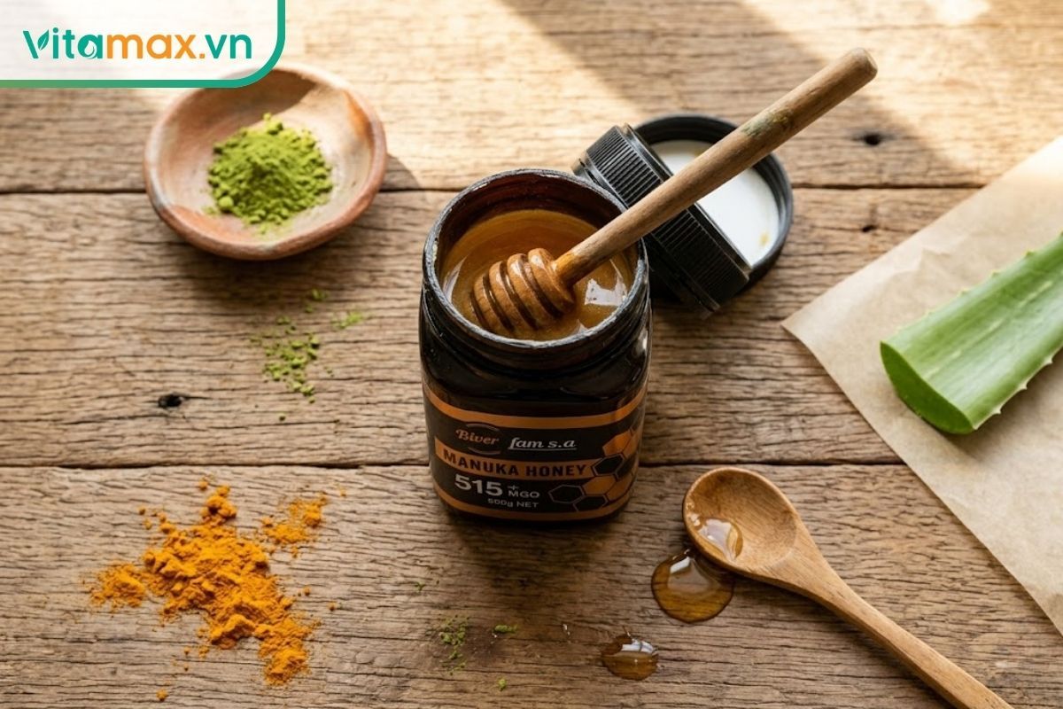 Các nguyên liệu tự nhiên như mật ong thô, bột trà xanh và nha đam tươi dùng trong cách làm mặt nạ mật ong trị mụn an toàn tại nhà.