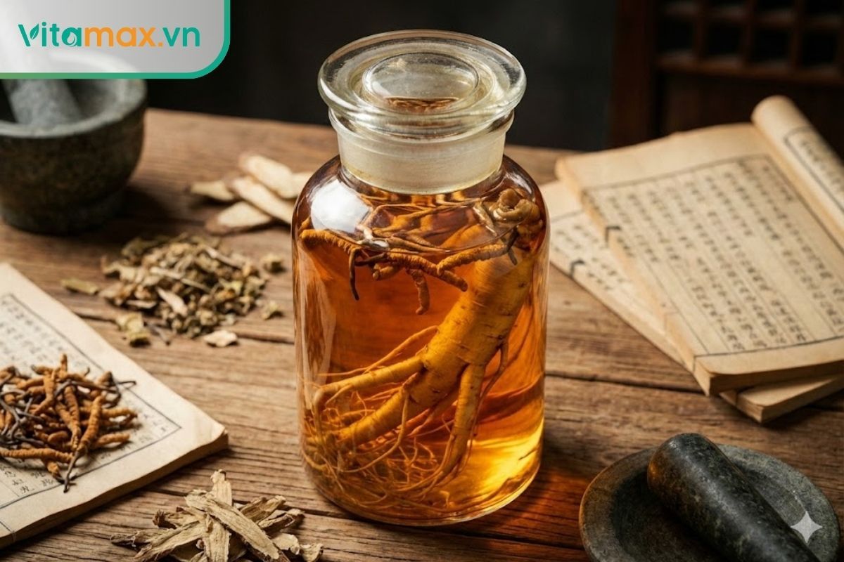 bình rượu sâm đông trùng hạ thảo ngâm chuẩn đông y với màu hổ phách đẹp mắt