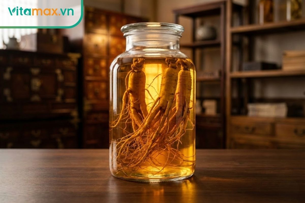 bình thủy tinh ngâm sâm khô hàn quốc với nước rượu màu vàng hổ phách óng ánh