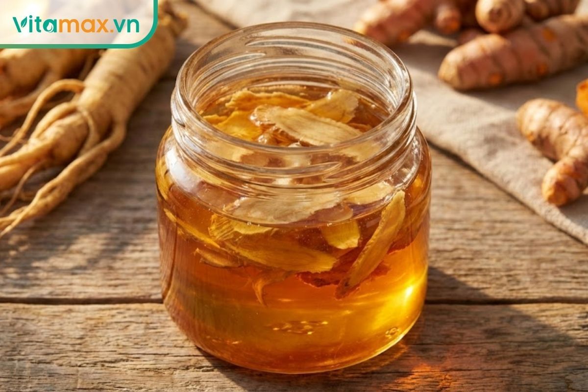 Hũ sâm ngâm mật ong nghệ thành phẩm với màu vàng hổ phách, các lát sâm và nghệ xếp lớp đẹp mắt trong hũ thủy tinh.