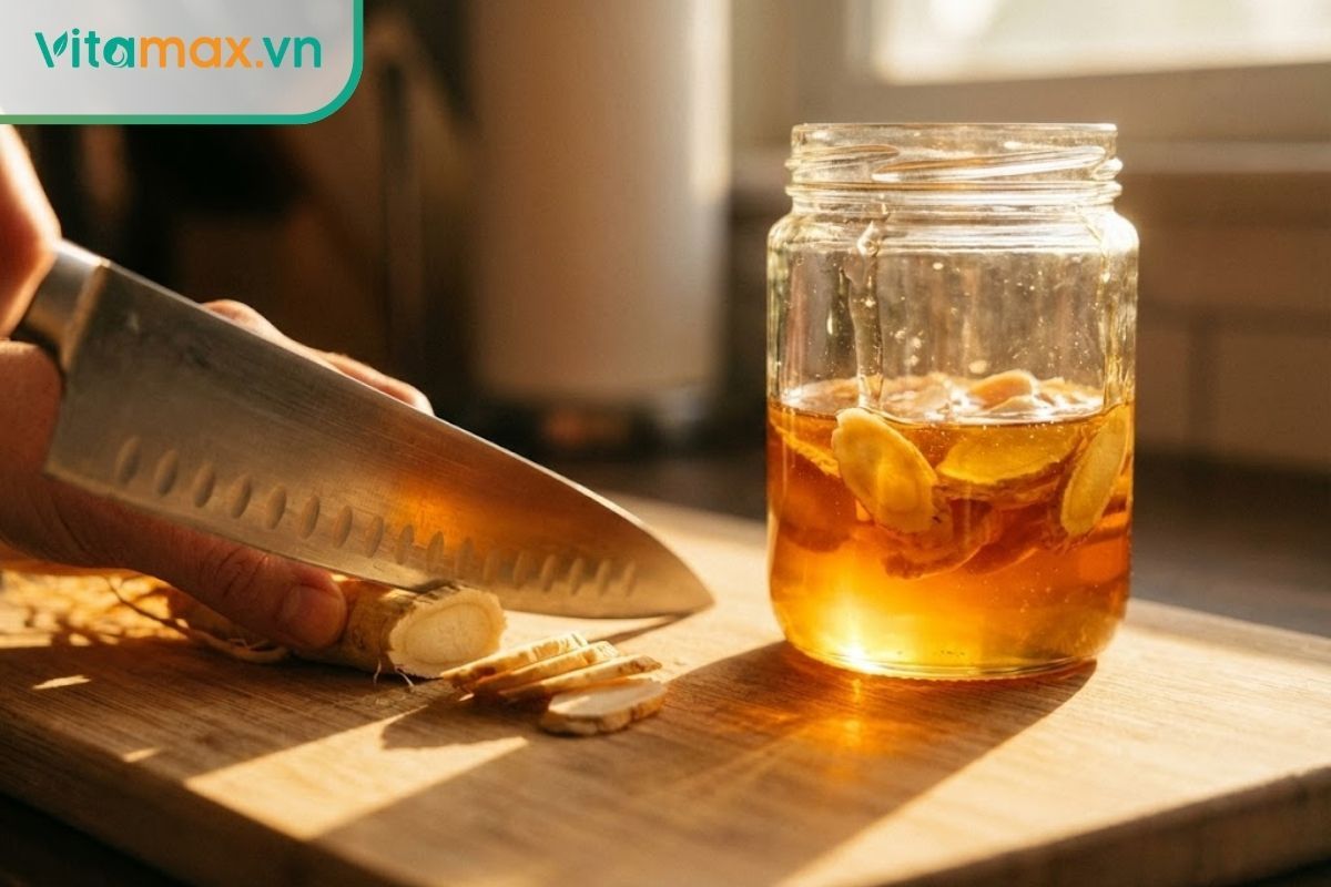 lát sâm tươi được thái mỏng và xếp vào hũ thủy tinh đựng mật ong vàng óng