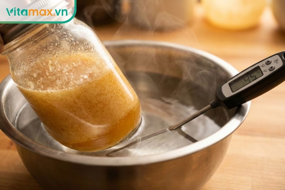 Ngâm hũ mật ong bị đóng đường vào chậu nước ấm 40-50 độ C để làm tan chảy.