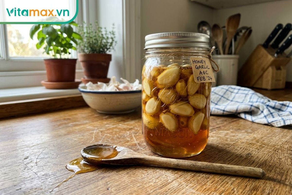 Hũ tỏi ngâm mật ong chữa ho cho bé tự làm tại nhà với màu vàng óng tự nhiên.