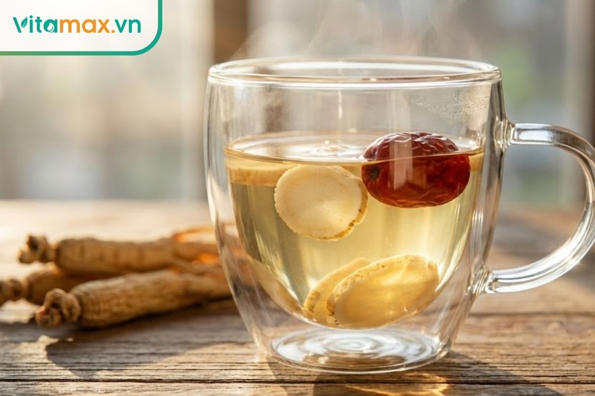 ly trà nhân sâm táo đỏ màu vàng nhạt với lát sâm tươi và táo đỏ