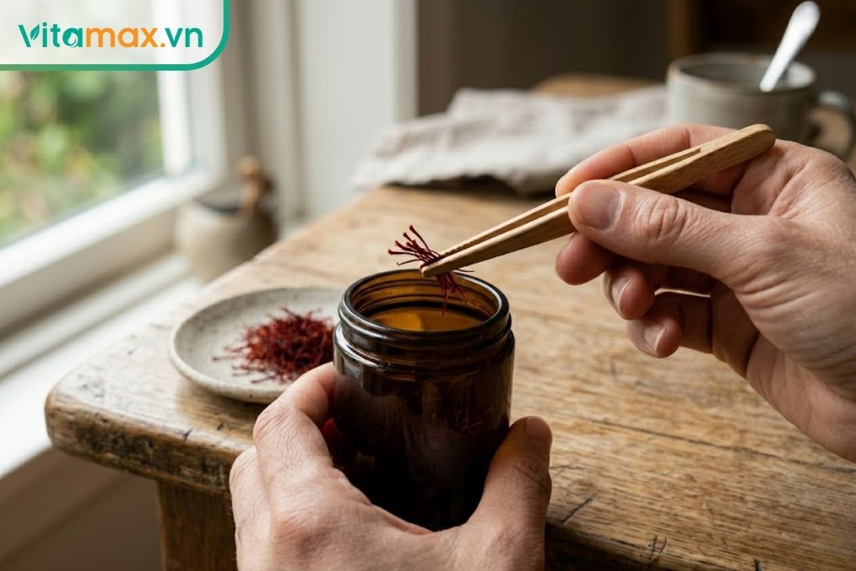 Dùng kẹp gỗ sạch sẽ gắp những sợi saffron từ trong hũ thủy tinh tối màu ra ngoài.