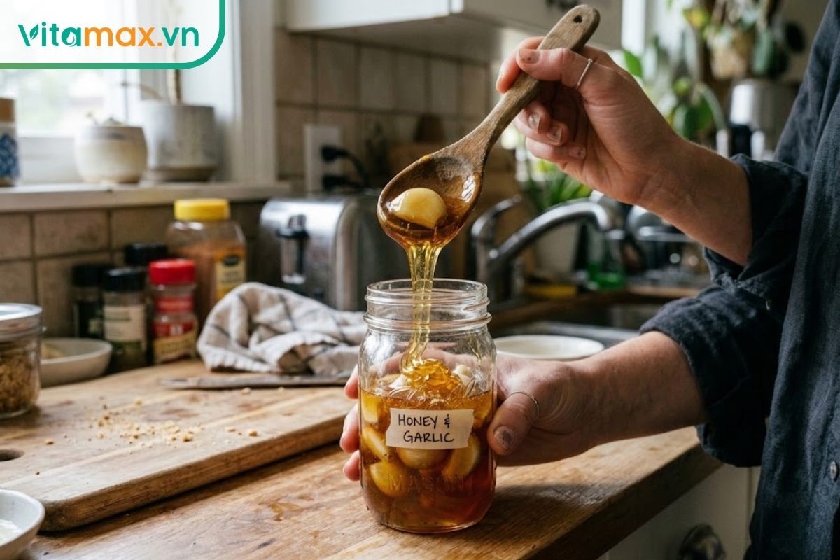 Một chiếc muỗng gỗ hoàn toàn khô ráo đang múc một tép tỏi đẫm mật ong từ trong hũ thủy tinh.