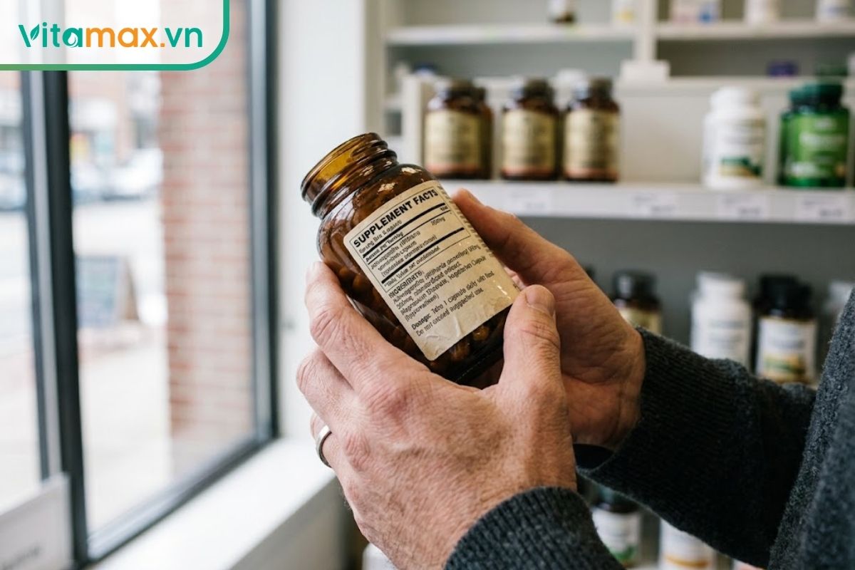 Bàn tay người đang cầm một lọ vitamin nâu generic, tập trung nhìn kỹ nhãn thành phần và liều dùng trên nhãn, bối cảnh nhà thuốc mộc mạc ngập ánh nắng.