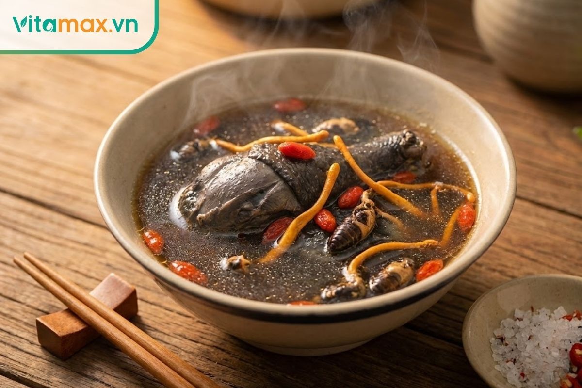 Bát canh gà ác hầm thuốc bắc với đông trùng hạ thảo bọ xít và táo đỏ, kỷ tử bốc khói nghi ngút.