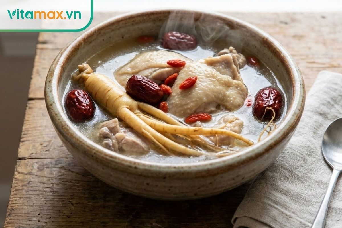 ô canh gà hầm nhân sâm nóng hổi với táo đỏ và nguyên liệu bồi bổ