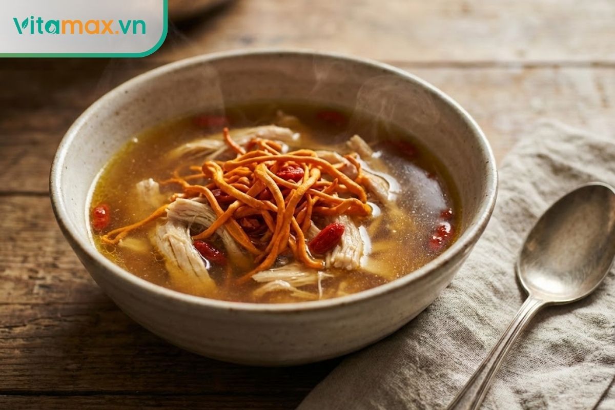 Bát canh gà hầm đông trùng hạ thảo thơm ngon, bổ dưỡng với sợi nấm vàng cam đặc trưng, món ăn lý tưởng cho bà bầu và mẹ sau sinh.