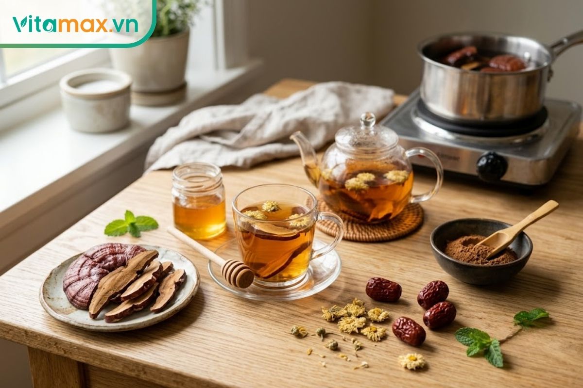 Nấm linh chi thái lát bên ấm trà màu hổ phách, mật ong, táo đỏ, hoa cúc và bạc hà trên bàn bếp sáng tự nhiên.